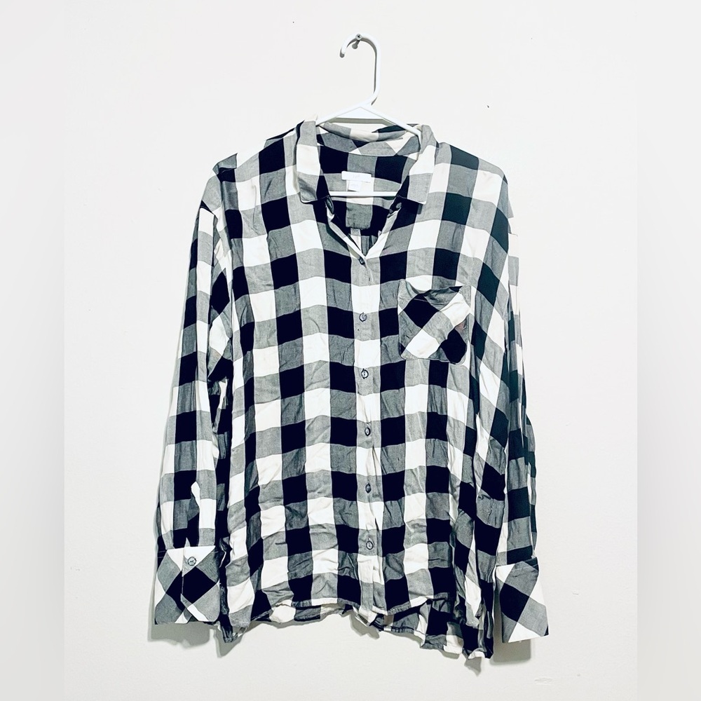 J. Jill Women L Long Sleeve Button‎ Front Buffalo Plaid Shirt Black White SOFT